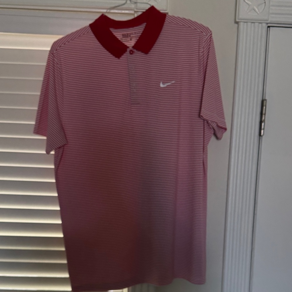 Nike Men's Red and White Striped Polo Shirt